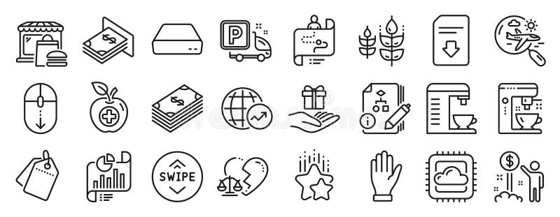 Set of Business icons, such as Dollar, Coffee maker, Algorithm. Vector royalty free illustration