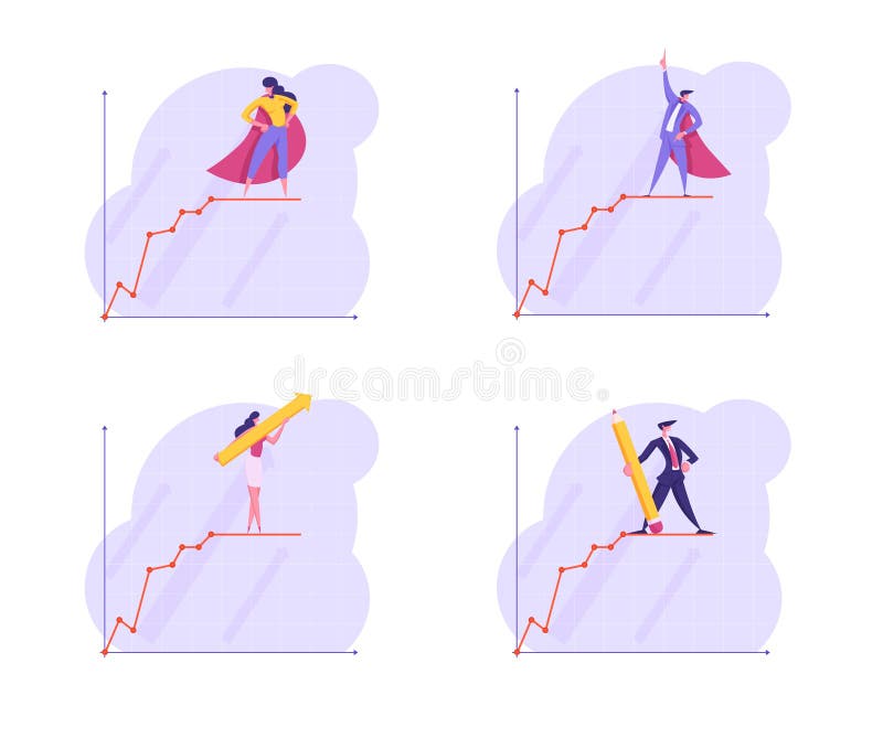 Set of Business People Stand on Top of Growing Business Chart Curve Line on Coordinate System. Growth Data Analysis vector illustration