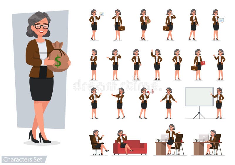 Set of Business woman character vector design doing different gestures. Presentation in various action with emotions, running