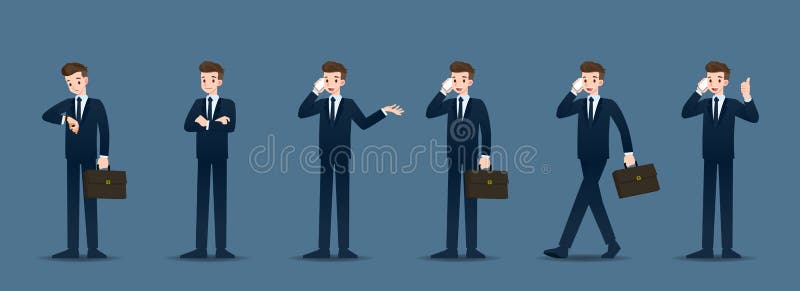 Set of businessman in 6 different gestures. People in business character poses like waiting, communicate and successful. vector illustration Set of businessman in 6 different gestures. People in business character poses like waiting, communicate and successful. vector illustration