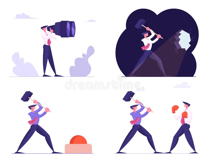 Set of Businessmen Looking through Huge Binoculars, Hitting Wall and Red Button with Hammer, Fighting with Boxing Gloves. New Opportunity, Creativity Rivalry Concept Cartoon Flat Vector Illustration