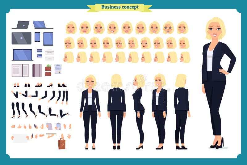 Set of Businesswoman character design.Front, side, back view animated character.Business girl character