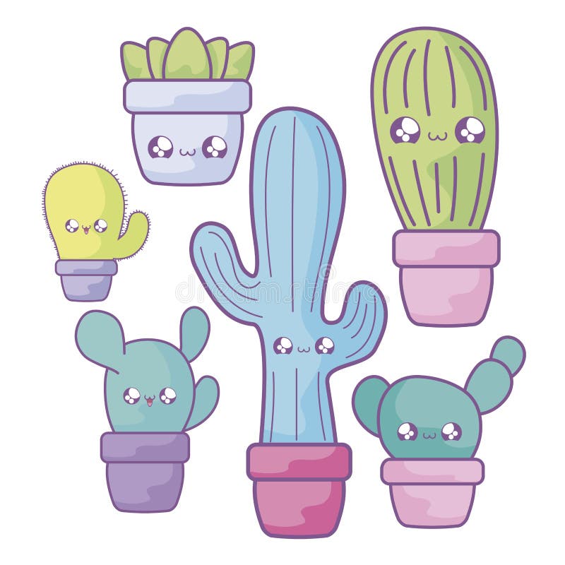 Set of Cactus Tropicals and Plants in Pots Kawaii Style Stock