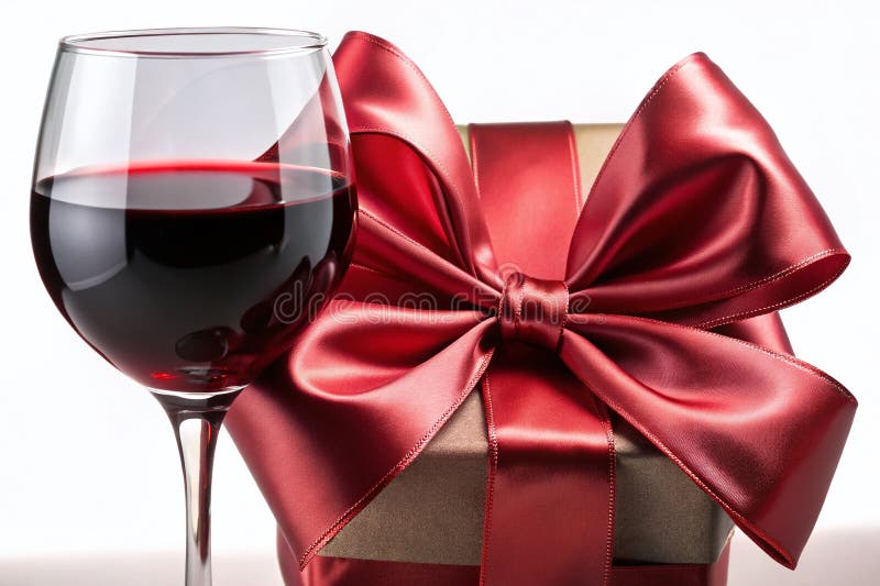 Set Cadou Vin Rafinat O Fundă Roșie din Satin Adornă un Pahar de Vin Delicat pe Alb Imaculat Perfect pentru o stock illustration