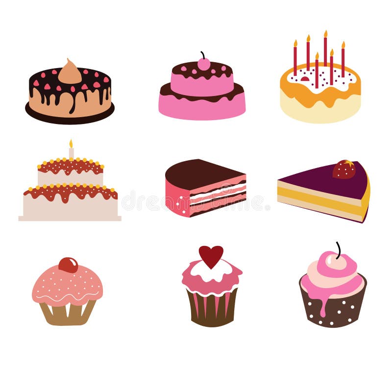 Set of Cake in Cartoon Style Isolated on White Background Stock Vector