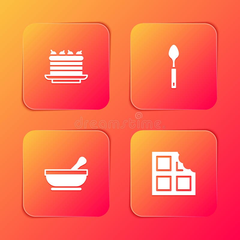 Set Cake, Spoon, Mortar and Pestle and Chocolate Bar Icon. Vector Stock Vector Illustration of