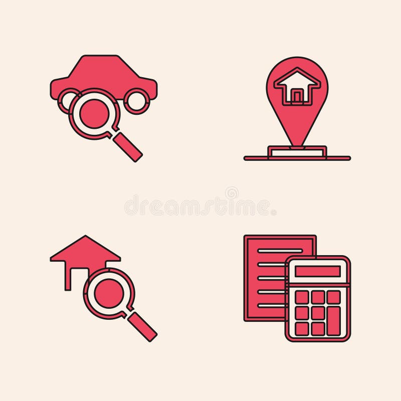 Set Calculator, Car Sharing, Location House and Search Icon. Vector