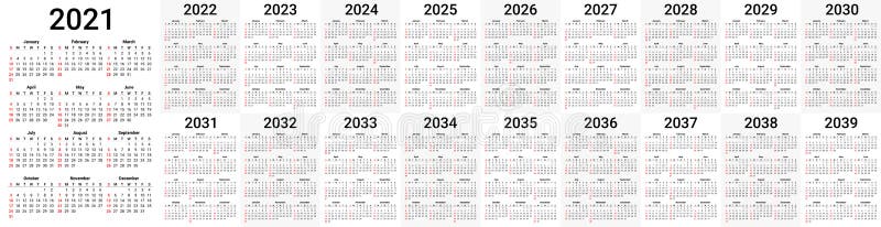 Set of calendars for 2021, 2022, 2023, 2024, 2025, 2026, 2027, 2028, 2029, 2030, 2031, 2032, 2033, 2034, 2035, 2036, 2037, 2038 royalty free illustration