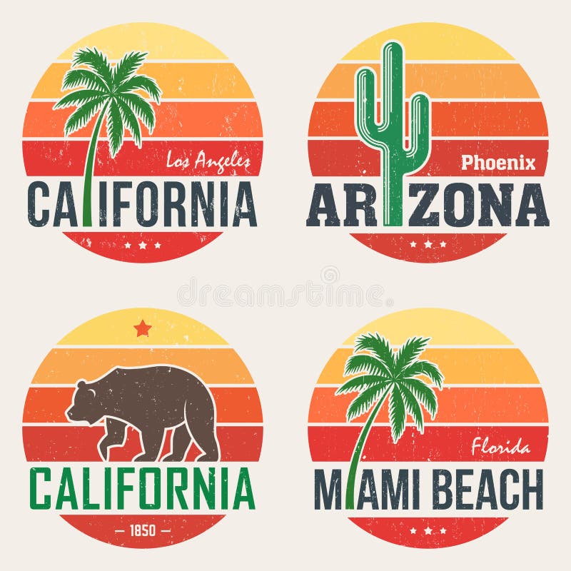 Set of California, Arizona, Miami t-shirt prints