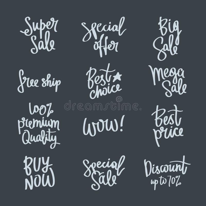 Set of calligraphy on the theme of sale. Best price, 100% premium quality, best choice, buy now, a special offer, a mega sale, big sale, free shipping. Vector illustration on a dark background. Fashion quotes. Elements for design.