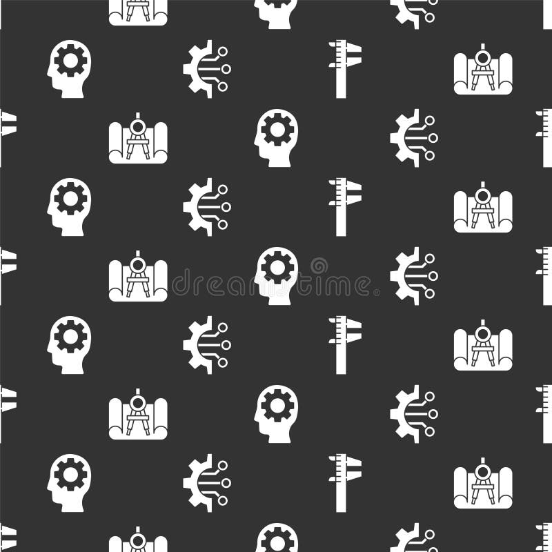 Set Calliper or caliper and scale, Graphing paper and compass, Human head with gear inside and Algorithm on seamless royalty free illustration