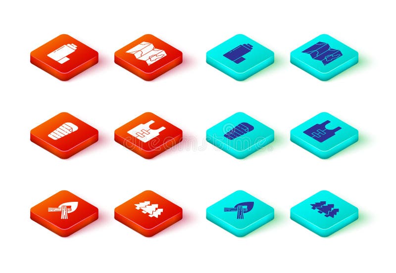 Set Campfire, Forest, Sleeping Bag, Life Jacket, Location of the Forest on Map and Thermos