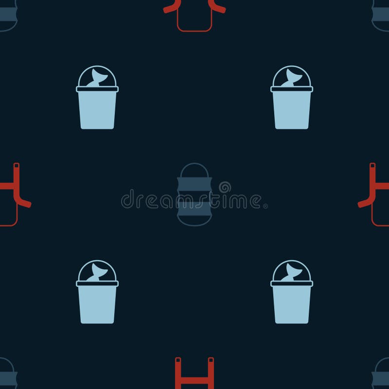 Set Camping Folding Chair, Fishing Net and Bucket with Fish on Seamless Pattern. Vector Stock