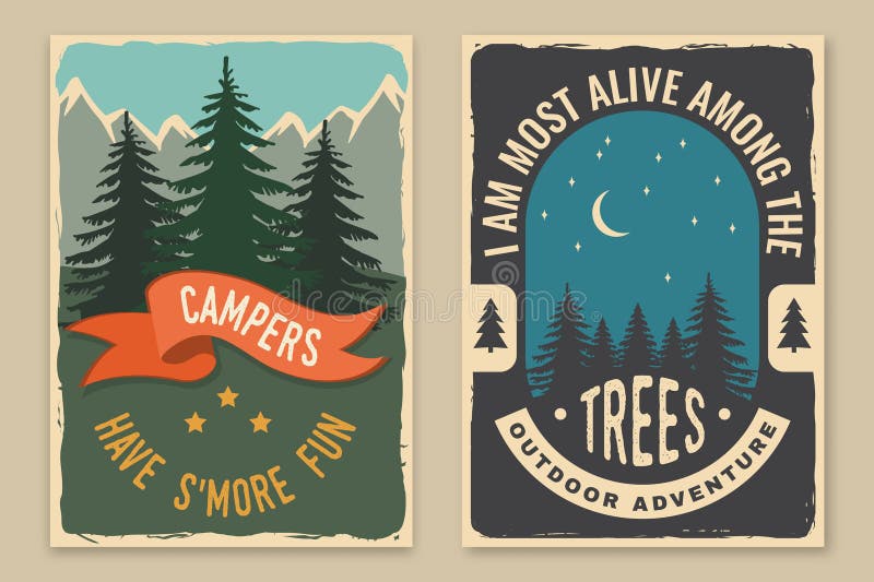 Set of camping retro posters. Vector illustration. Concept for shirt or logo, print, stamp, patch or tee. Vintage typography design with starry night sky, forest and mountain silhouette. Set of camping retro posters. Vector illustration. Concept for shirt or logo, print, stamp, patch or tee. Vintage typography design with starry night sky, forest and mountain silhouette