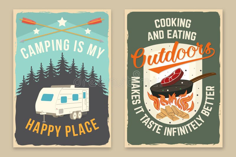 Set of camping retro posters. Vector illustration. Concept for shirt or logo, print, stamp, patch or tee. Vintage typography design with camper rv, steak in a pan, campfire, forest and mountain silhouette. Set of camping retro posters. Vector illustration. Concept for shirt or logo, print, stamp, patch or tee. Vintage typography design with camper rv, steak in a pan, campfire, forest and mountain silhouette