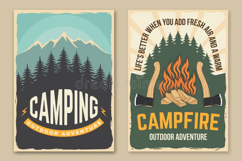 Set of camping retro posters. Vector illustration. Concept for shirt or logo, print, stamp, patch or tee. Vintage typography design with axe, campfire, forest and mountain silhouette. Set of camping retro posters. Vector illustration. Concept for shirt or logo, print, stamp, patch or tee. Vintage typography design with axe, campfire, forest and mountain silhouette