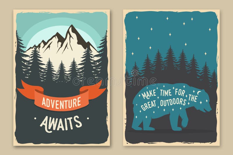 Set of camping retro posters. Vector illustration. Flyer, brochure, banner template design with travel inspirational quotes, landscape, bear, campfire, forest and mountain silhouette. Set of camping retro posters. Vector illustration. Flyer, brochure, banner template design with travel inspirational quotes, landscape, bear, campfire, forest and mountain silhouette