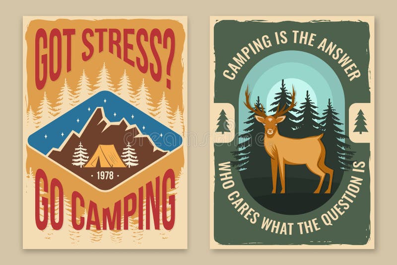 Set of camping retro posters. Vector illustration. Flyer, brochure, banner template design with travel inspirational quotes, landscape, deer, camping tent, forest and mountain silhouette. Set of camping retro posters. Vector illustration. Flyer, brochure, banner template design with travel inspirational quotes, landscape, deer, camping tent, forest and mountain silhouette