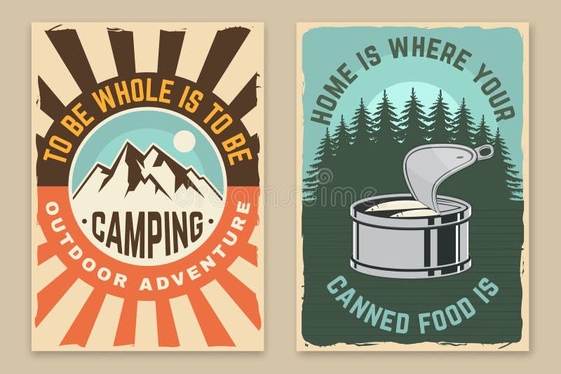 Set of camping retro posters. Vector illustration. Flyer, brochure, banner template design with travel inspirational quotes, landscape, open can with fish, forest and mountain silhouette. Set of camping retro posters. Vector illustration. Flyer, brochure, banner template design with travel inspirational quotes, landscape, open can with fish, forest and mountain silhouette