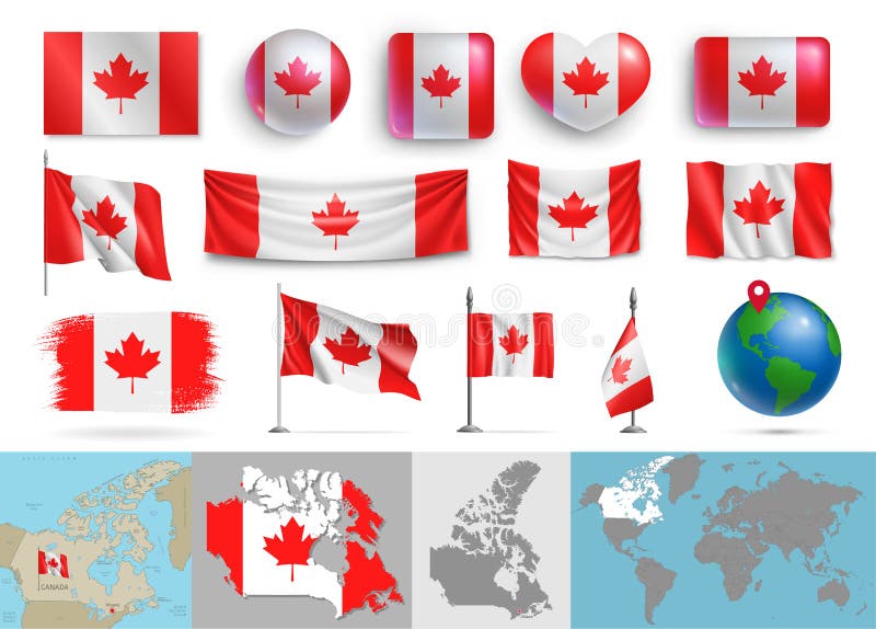 Set of Canada Flags of Various Shapes and Maps Stock Vector