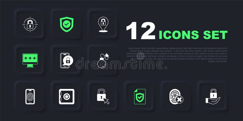 Set Cancelled fingerprint, Lock, Mobile with closed padlock, Contract shield, Monitor password, Safe, Shield check mark stock illustration