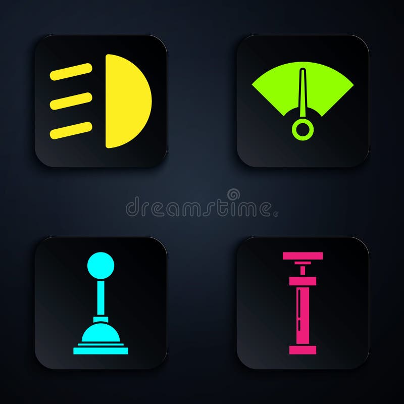 Set Car Air Pump, High Beam, Gear Shifter and Speedometer. Black Square