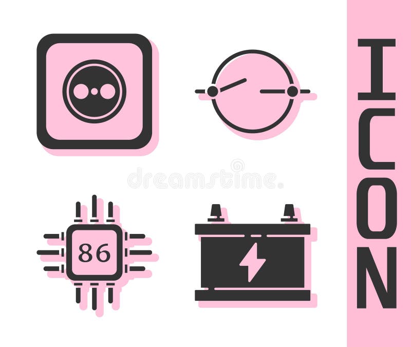 Set Car battery, Electrical outlet, Processor with microcircuits CPU and Electric circuit scheme icon. Vector. royalty free illustration