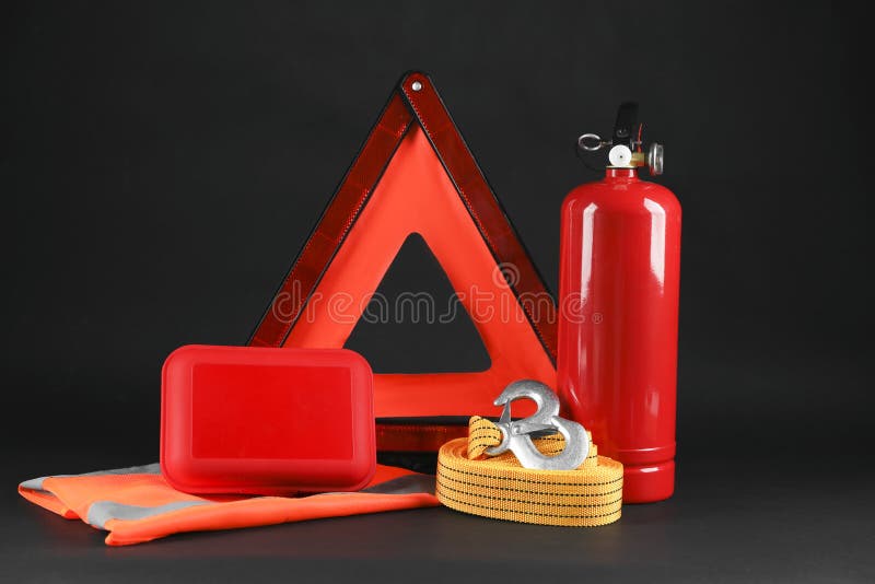 Set of Car Safety Equipment on Black Background Stock Image Image of