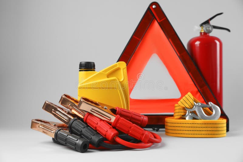Set of Car Safety Equipment on Light Grey Background Stock Image