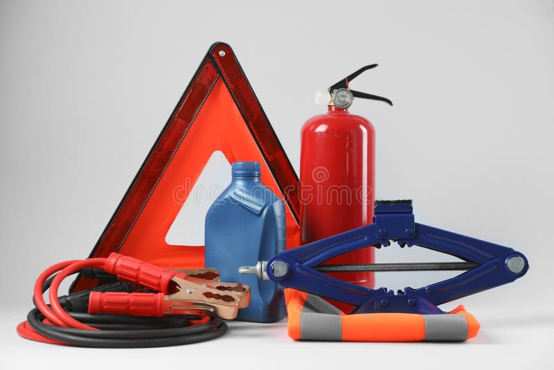 Set of Car Safety Equipment on Light Grey Background Stock Image