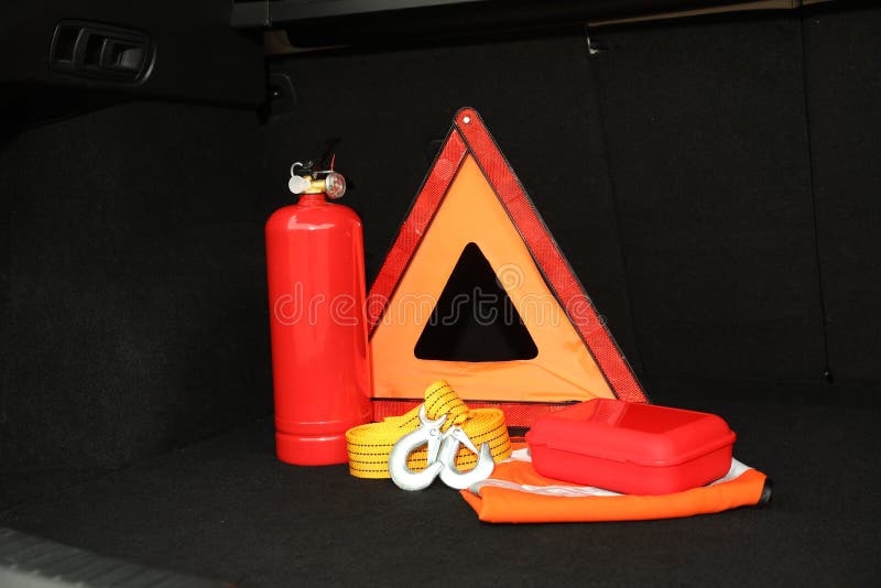 Set of Car Safety Equipment in Trunk Stock Photo Image of gear