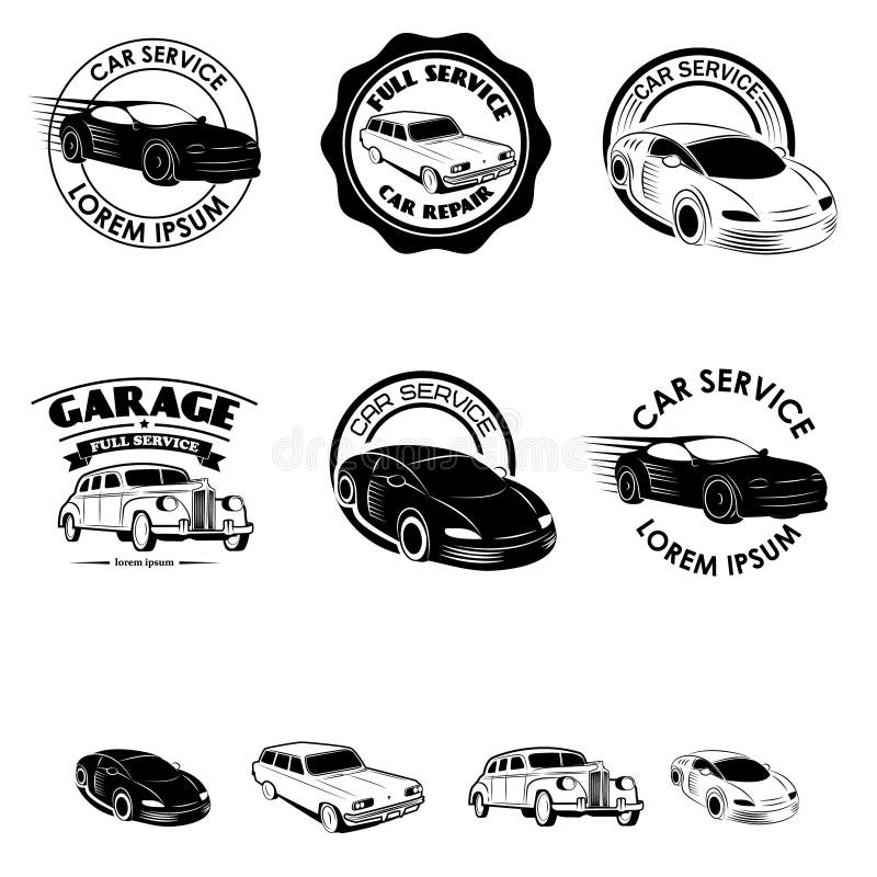 Set of car service labels. Set of vintage cars icons. Design elements for logo, label, badge, emblem. Design elements in vector. royalty free illustration Set of car service labels. Set of vintage cars icons. Design elements for logo, label, badge, emblem. Design elements in vector. royalty free illustration