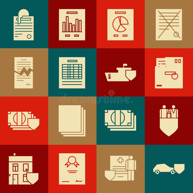 Set Car with shield, Family insurance, Ordered envelope, Document graph chart, Report file document, Torn contract, File stock illustration
