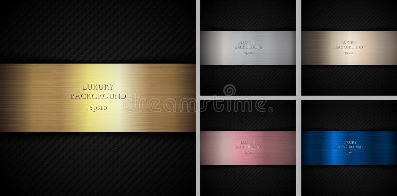 Set of carbon gold, silver, pink gold, bronze, copper and blue metallic on black background and texture royalty free illustration