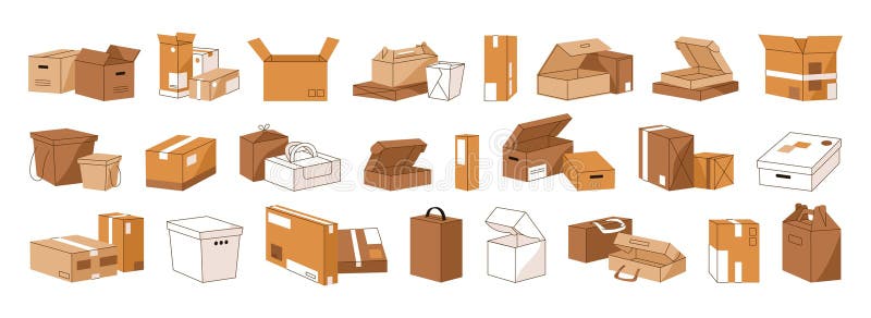 Set of cardboard boxes with different shapes and size for moving, carrying. Various open and closed carton packages vector illustration