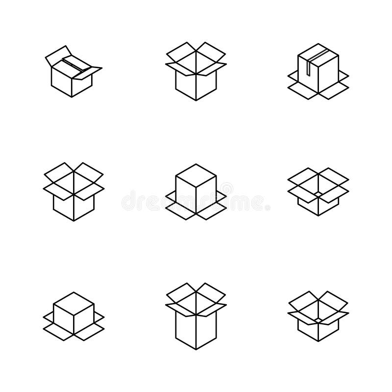 Set of Cardboard Boxes from Thin Lines, Vector Illustration Stock