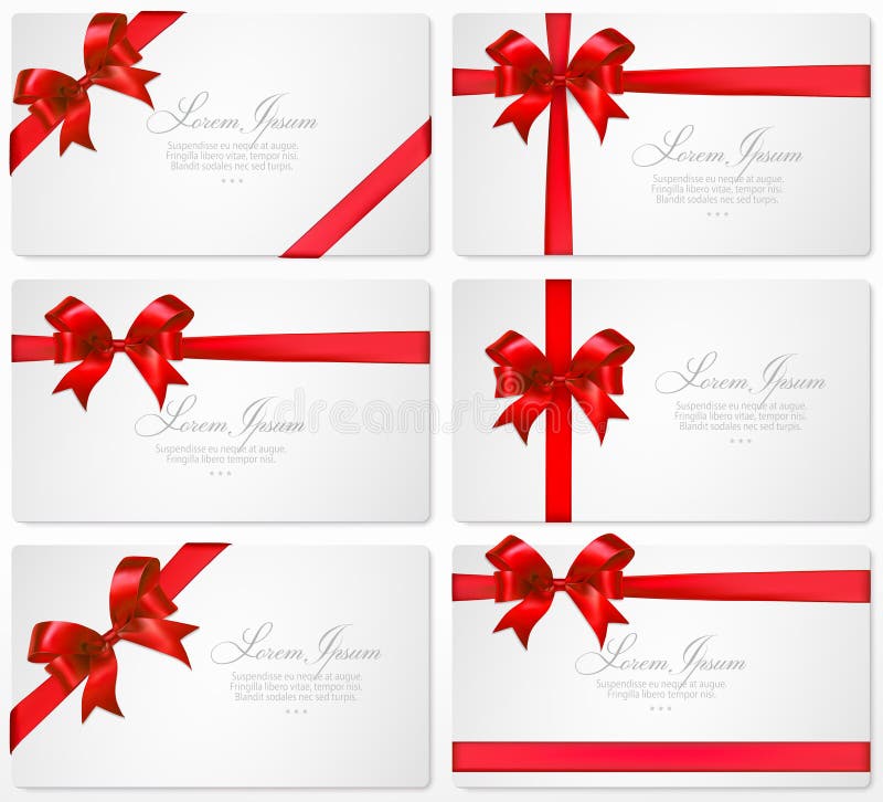 Set of Cards with Red Gift Bows and Ribbons Vector Stock Illustration