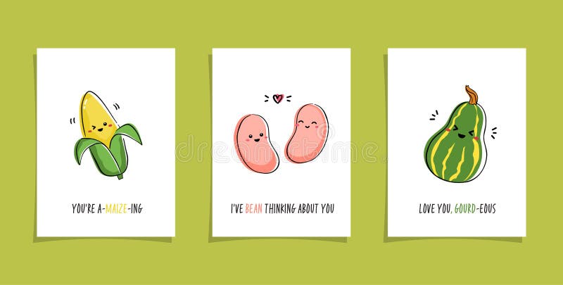 Set of Cards with Veggies and Funny Phrases. Puns with Cute Corn, Bean and Gourd Stock Illustration - Illustration of design, kawaii: 208325827 Set of Cards with Veggies and Funny Phrases. Puns with Cute Corn, Bean and Gourd Stock Illustration - Illustration of design, kawaii: 208325827
