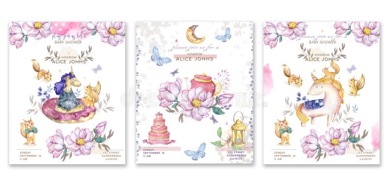 Set cards watercolor isolated cute watercolor unicorn and sqirrel clipart. Nursery unicorns illustration. Princess unicorns poster stock illustration Set cards watercolor isolated cute watercolor unicorn and sqirrel clipart. Nursery unicorns illustration. Princess unicorns poster stock illustration