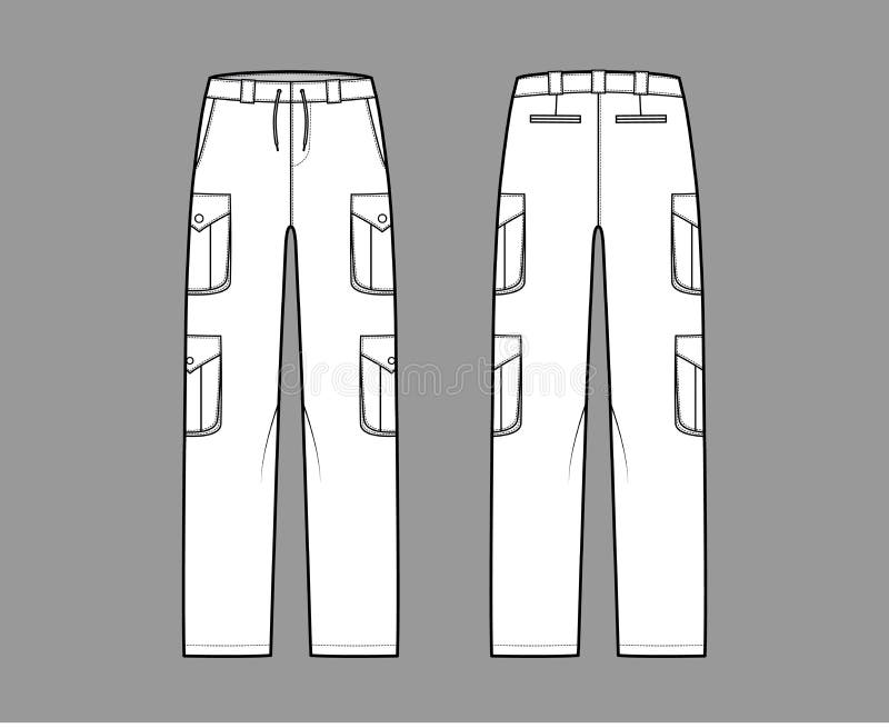 Set of Cargo Pants Technical Fashion Illustration with Normal Waist ...