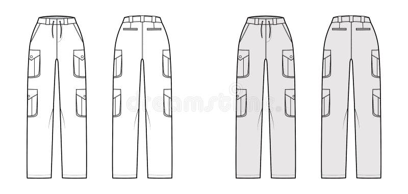 Set of Cargo Pants Technical Fashion Illustration with Low Waist, Rise ...