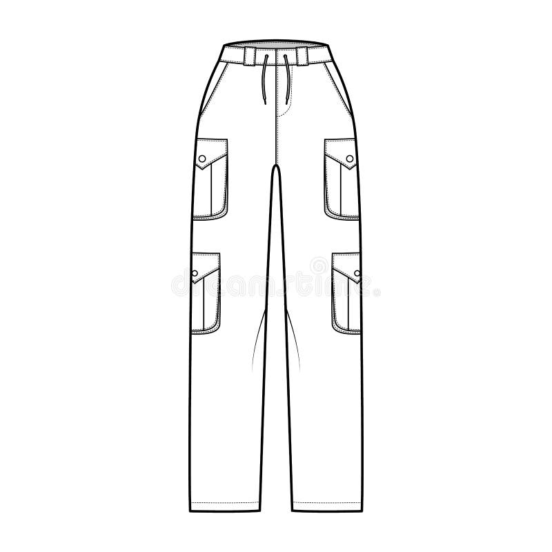 Set of Cargo Pants Technical Fashion Illustration with Low Waist, Rise ...