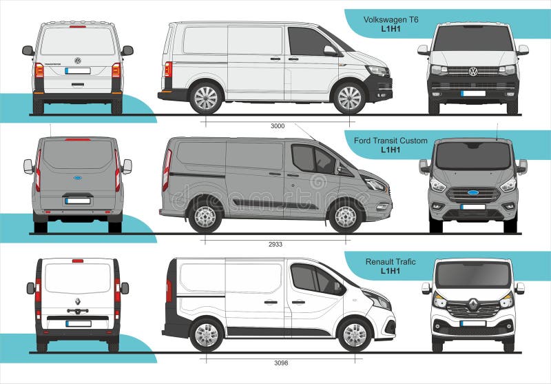 Set of Cargo Vans L1H1. Volkswagen T6, Ford Transit Custom and Renault Trafic Cargo Delivery Vans SWB L1H1 detailed template for design and production of vehicle