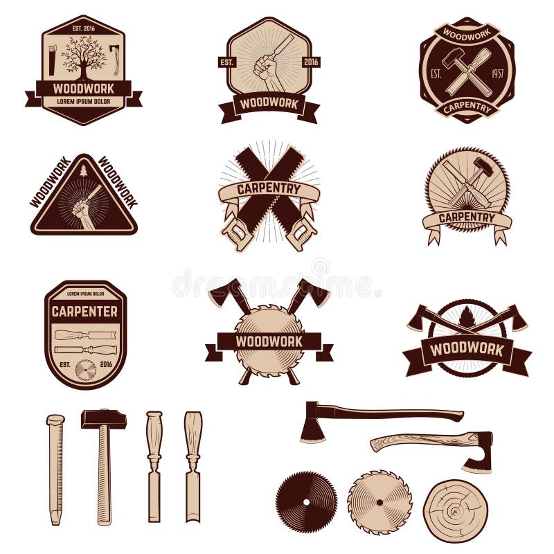 Set of the carpentry labels and emblems. Woodworks