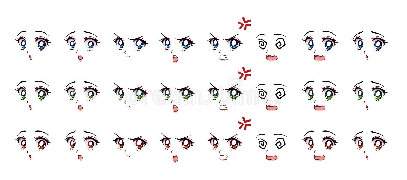 Manga Expression. Girl Eyes, Mouth, Eyebrows Anime Woman Faces. Female  Character In Cartoon Japanese Or Korean Kawaii Style Various Emotions  Collection People Feelings Symbol Comic Vector Isolated Set Royalty Free  SVG, Cliparts