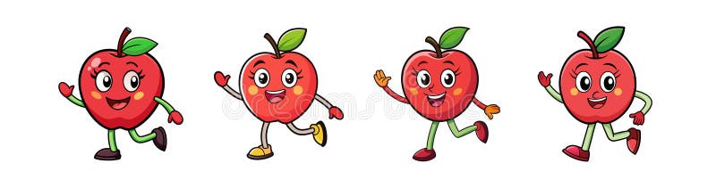 Set of cartoon apple characters running and waving hello vector illustration