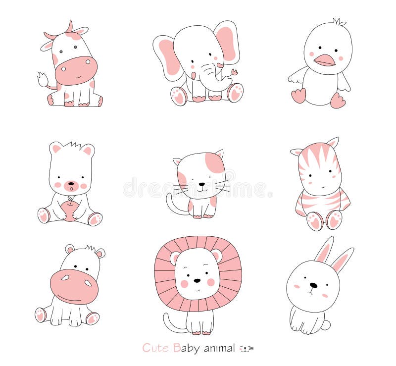 Set cartoon character the lovely baby animals on white background.