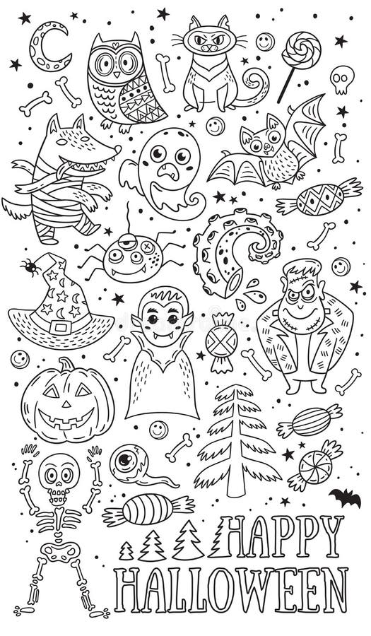 Set of Cartoon Characters and Elements for Halloween. Outline Drawing.  Stock Vector - Illustration of night, magic: 77944393