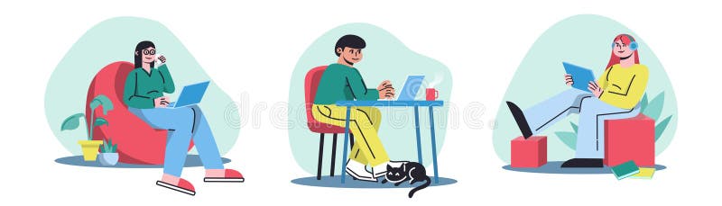 Set of cartoon characters of freelancer working at home royalty free illustration