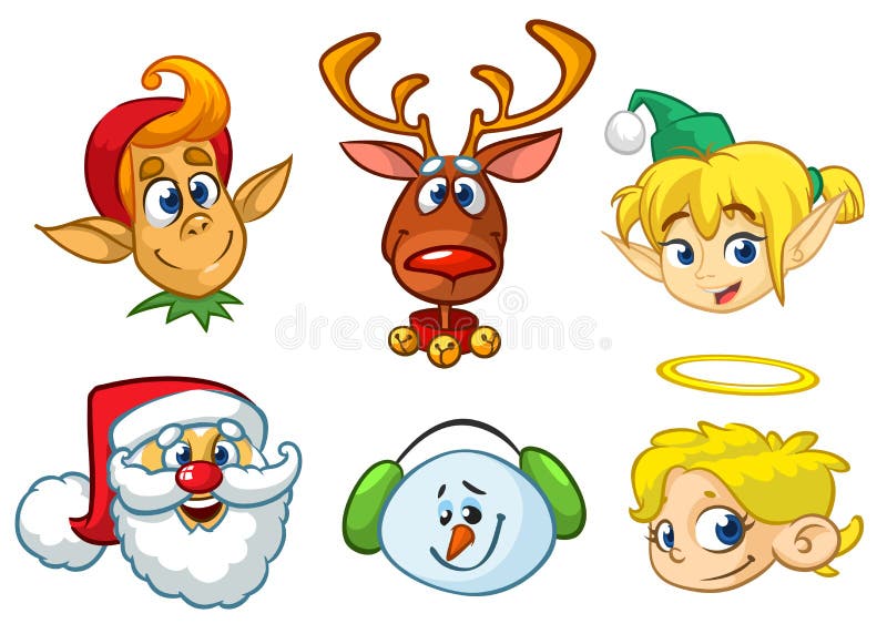 Set of cartoon Christmas characters. Vector cartoon head icons of Santa Claus, reindeer, elf, snowman and angel. vector illustration Set of cartoon Christmas characters. Vector cartoon head icons of Santa Claus, reindeer, elf, snowman and angel. vector illustration
